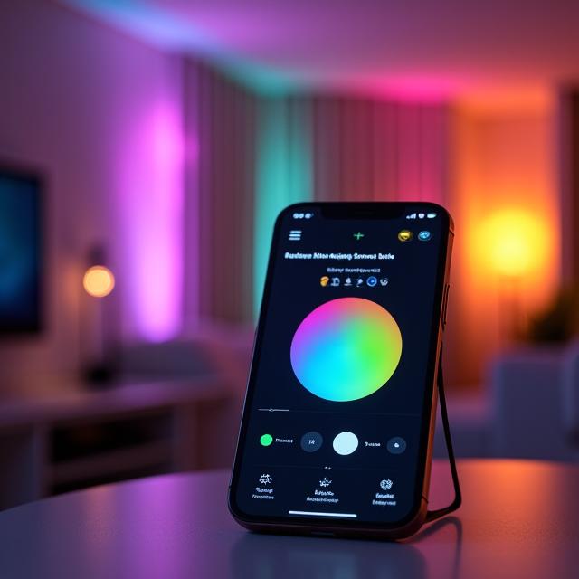 A smartphone screen showing an app controlling the color of multiple smart bulbs.