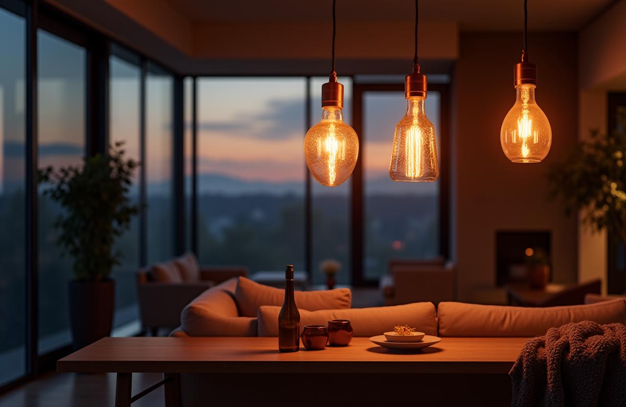 A modern living room at dusk illuminated by stylish, warm pendant lights from Oasis Lights.